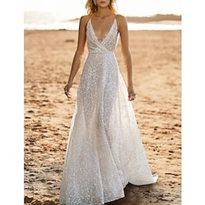 Beach Open Back Casual Wedding Dresses A-Line Camisole V Neck Sleeveless Sweep  Brush Train Sequined Bridal Gowns With Beading 2024 Lightinthebox