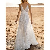 Beach Open Back Casual Wedding Dresses A-Line Camisole V Neck Sleeveless Sweep  Brush Train Sequined Bridal Gowns With Beading 2024 Lightinthebox - thumbnail