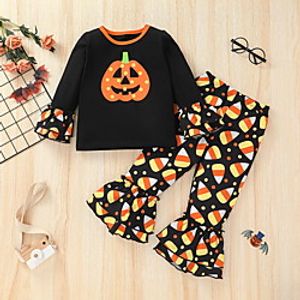 Kids Girls' T-shirt  Pants 2 Pieces Long Sleeve Black Cartoon Polka Dot Pumpkin Print Basic 3-8 Years Lightinthebox