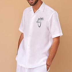 Men's Cotton Linen Summer Shirt Coconut Tree Short Sleeve White Shirt Casual Daily Hawaiian Lightinthebox