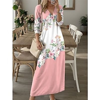 Women's Casual Dress Winter Dress Floral Print Pocket Lace Up Neck Long Dress Maxi Dress Streetwear Date Long Sleeve Regular Fit Pink Blue Purple Fall Winter S M L XL XXL Lightinthebox