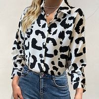 Women's Blouse Shirt Black Leopard Print Long Sleeve Casual Daily Elegant Shirt Collar S Lightinthebox - thumbnail