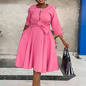 Women's Plus Size Dress A Line Dress Knee Length Dress 34 Length Sleeve Solid Color Bow Work Fall Summer Blue Blushing Pink Fuchsia L XL XXL 3XL Lightinthebox