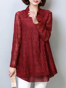 Casual Women Crochet Long Sleeve Lapel Fake Two-Piece Lace Tops