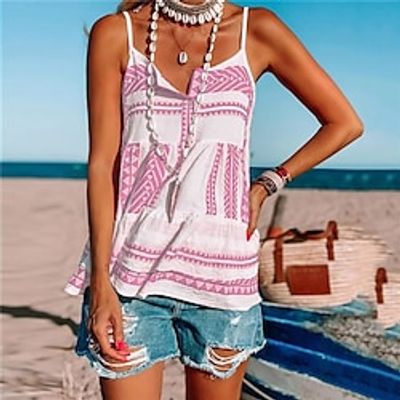 Women's Tank Top Pink Red Blue Geometric Print Sleeveless Casual Basic V Neck Regular Geometric S miniinthebox