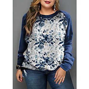 Women's Plus Size Tops Pullover Sweatshirt Floral Print Long Sleeve Crewneck Streetwear Fall Winter Blue Big Size L XL XXL 3XL / Cotton miniinthebox