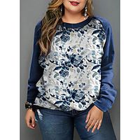 Women's Plus Size Tops Pullover Sweatshirt Floral Print Long Sleeve Crewneck Streetwear Fall Winter Blue Big Size L XL XXL 3XL / Cotton miniinthebox - thumbnail