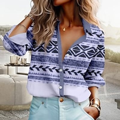 Women's Shirt Blouse Tribal Pink Purple Green Print Button Long Sleeve Casual Ethnic Shirt Collar Regular Fit Spring   Fall Lightinthebox