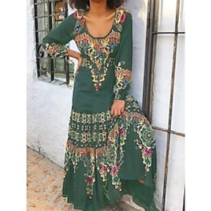 Women's Casual Dress Swing Dress Long Dress Maxi Dress Army Green Long Sleeve Flower Print Winter Fall Spring Square Neck Fashion Daily 2023 S M L XL XXL 3XL Lightinthebox