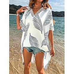 Women's Shirt Blouse Leaves Casual Holiday Beach Print Asymmetric Hem White Short Sleeve Fashion V Neck Summer Lightinthebox