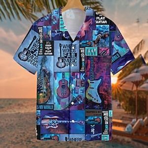 Men's Shirt Summer Hawaiian Shirt Graphic Shirt Graphic Guitar Turndown Blue 3D Print Outdoor Street Short Sleeve Button-Down Print Clothing Apparel Fashion Designer Casual Hawaiian  Spring Lightinthebox