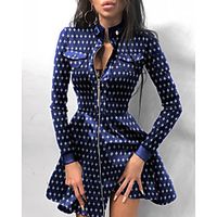 Women's A Line Dress Short Mini Dress Blue Long Sleeve Print Pocket Print Fall Turtleneck Casual Slim 2021 S M L XL miniinthebox - thumbnail