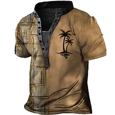 Men's Henley Shirt Tee T shirt Tee 3D Print Graphic Patterned Coconut Tree Stand Collar Daily Sports Button-Down Print Short Sleeve Tops Basic Casual Classic Big and Tall Brown / Summer miniinthebox