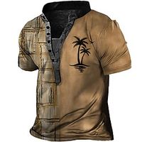 Men's Henley Shirt Tee T shirt Tee 3D Print Graphic Patterned Coconut Tree Stand Collar Daily Sports Button-Down Print Short Sleeve Tops Basic Casual Classic Big and Tall Brown / Summer miniinthebox - thumbnail