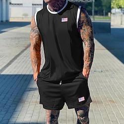 Men's Matching Sets Black Tank Top Vest Undershirt Sweat Shorts Summer Shorts Sets Sleeveless Crew Neck Vacation Going out Plain 2 Piece Polyester Summer Lightinthebox