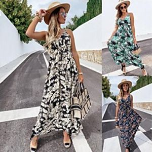 Women's Strap Dress Maxi long Dress White flower Green flower Navy blue flower Sleeveless Pattern Summer Casual 2021 S M L XL 2XL miniinthebox