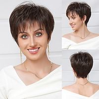 Human Hair Blend Wig Short Natural Straight Pixie Cut Side Part Layered Haircut Asymmetrical Brown Cosplay Curler straightener Natural Hairline Capless Brazilian Hair Women's All Brown 8 inch Party Lightinthebox