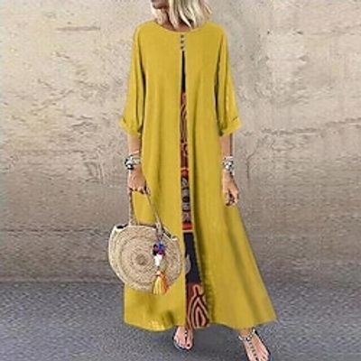 Women's Casual Dress Shift Dress Long Dress Maxi Dress claret Yellow Dark Blue 3/4 Length Sleeve Print Print Winter Fall Crew Neck Boho Casual Modern Fall Dress 2022 L XL 2XL 3XL 4XL 5XL / Boho Dress miniinthebox