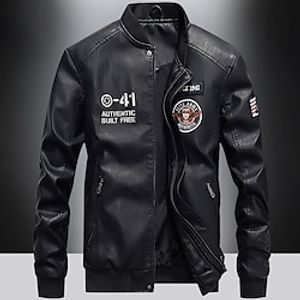 Men's Faux Leather Jacket Motorcycle Jacket Outdoor Daily Wear Warm Fall Winter Plain Fashion Streetwear Stand Collar Regular Black Yellow Wine Dark Green Dark Blue Jacket Lightinthebox