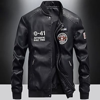 Men's Faux Leather Jacket Motorcycle Jacket Outdoor Daily Wear Warm Fall Winter Plain Fashion Streetwear Stand Collar Regular Black Yellow Wine Dark Green Dark Blue Jacket Lightinthebox