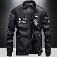 Men's Faux Leather Jacket Motorcycle Jacket Outdoor Daily Wear Warm Fall Winter Plain Fashion Streetwear Stand Collar Regular Black Yellow Wine Dark Green Dark Blue Jacket Lightinthebox - thumbnail