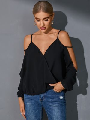 YOINS Black Cut Out Backless Cold Shoulder Long Sleeves Blouse YOINS Black Cut Out Backless Cold Shoulder Long Sleeves Blouse