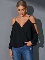 YOINS Black Cut Out Backless Cold Shoulder Long Sleeves Blouse - thumbnail