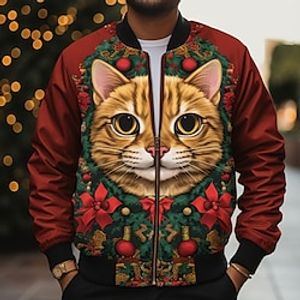 Animal Casual Men's Bomber Jacket Coat Christmas Sports  Outdoor Daily Wear Fall  Winter Standing Collar Long Sleeve Red Burgundy Green S M L Polyester Denim Weaving Jacket Lightinthebox