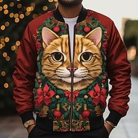 Animal Casual Men's Bomber Jacket Coat Christmas Sports  Outdoor Daily Wear Fall  Winter Standing Collar Long Sleeve Red Burgundy Green S M L Polyester Denim Weaving Jacket Lightinthebox - thumbnail