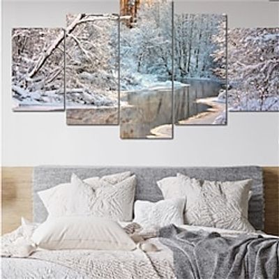 5 Panels Wall Art Canvas Landscape Winter River Landscape Prints Posters Painting Home Decoration Wall Hanging Gift Rolled Canvas No Frame Unframed Unstretched Lightinthebox
