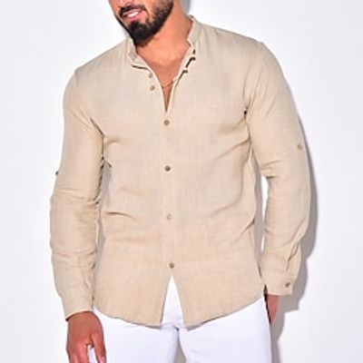 Men's Linen Shirt Shirt Button Up Shirt Summer Shirt Beach Shirt White Blue Khaki Long Sleeve Plain Standing Collar Spring   Fall Holiday Vacation Clothing Apparel Lightinthebox