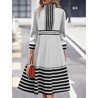 Women's Party Dress Cocktail Dress Wedding Guest Dress Midi Dress Olive Green White Red Long Sleeve Striped Print Spring Fall Winter Stand Collar Fashion Winter Dress Wedding Guest Vacation 2023 S M Lightinthebox - thumbnail
