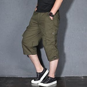 Men's Cargo Shorts Shorts Capri Pants Hiking Shorts Leg Drawstring Multi Pocket Plain Comfort Wearable Calf-Length Casual Daily Going out 100% Cotton Sports Stylish ArmyGreen Black Lightinthebox