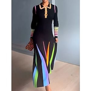 Women's Casual Dress A Line Dress Color Block Stripe Print Pocket Lapel Long Dress Maxi Dress Fashion Streetwear Outdoor Street Long Sleeve Regular Fit Black Fall Winter S M L XL 2XL Lightinthebox