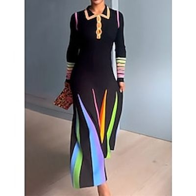 Women's Casual Dress A Line Dress Color Block Stripe Print Pocket Lapel Long Dress Maxi Dress Fashion Streetwear Outdoor Street Long Sleeve Regular Fit Black Fall Winter S M L XL 2XL Lightinthebox