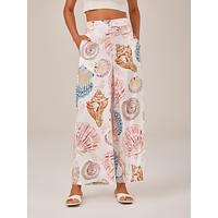 Shell Print Elastic Waist Wide Leg Pants
