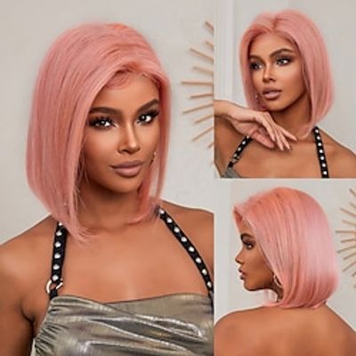 Human Hair Blend Wig Short Natural Straight Pixie Cut Side Part Layered Haircut Asymmetrical Pink Cosplay Curler  straightener Natural Hairline Capless Brazilian Hair Women's All Pink 12 inch Party Lightinthebox