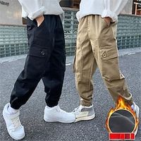 Kids Boys Pants Trousers Pocket Solid Color Keep Warm Pants School Fashion Cool Black Khaki Mid Waist Lightinthebox - thumbnail