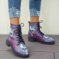Women's Boots Combat Boots Daily Mid Calf Boots Winter Block Heel Round Toe Vacation Casual Comfort Faux Leather Lace-up Floral Color Block Black  Red Black Blue Lightinthebox - thumbnail