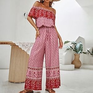 Women's Jumpsuit Backless Print Floral Off Shoulder Casual Street Daily Regular Fit Short Sleeve Red S M L Spring Lightinthebox