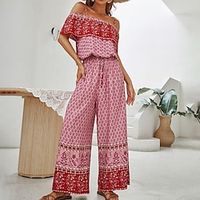 Women's Jumpsuit Backless Print Floral Off Shoulder Casual Street Daily Regular Fit Short Sleeve Red S M L Spring Lightinthebox - thumbnail