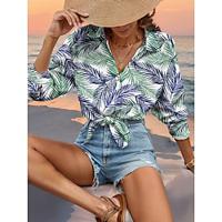 Women's Shirt Blouse Leaf Vacation Button Print Green Long Sleeve Shirt Collar Summer Spring Lightinthebox