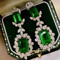 Ladies Luxury Inlaid Natural Emeralds and Princess Diamond Earrings