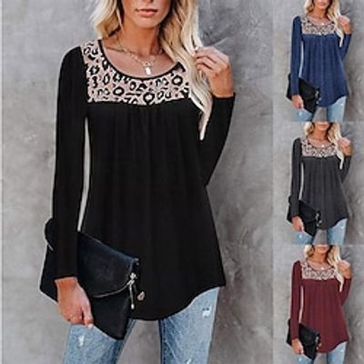 Cross-Border 2021 Autumn And Winter New Amazon Women's Hot Style Stitching Loose Leopard Print Round Neck Long-Sleeved T-Shirt Women's Top miniinthebox