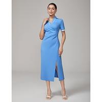 Purple-Blue Polo V-neck Waist-Defining Knit Dress