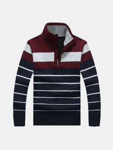 Mens Casual Fleece Stripes Thick Warm Half Zipper Stand Collar Knitted Sweater