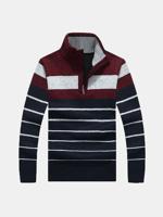 Mens Casual Fleece Stripes Thick Warm Half Zipper Stand Collar Knitted Sweater - thumbnail