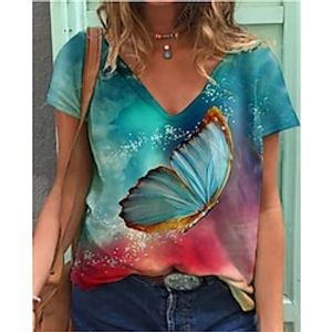 Women's T shirt Tee Blue Butterfly Short Sleeve Home Daily Basic V Neck Regular S  3D Print Lightinthebox