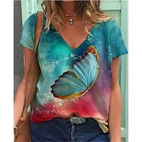 Women's T shirt Tee Blue Butterfly Short Sleeve Home Daily Basic V Neck Regular S  3D Print Lightinthebox - thumbnail