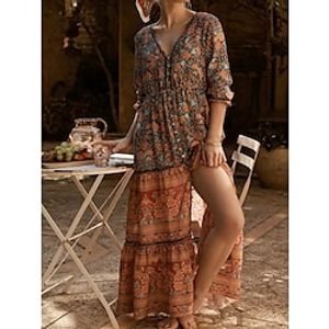 Women's Long Dress Maxi Dress Casual Dress Floral Dress Boho Dress Floral Bohemian Casual Outdoor Daily Holiday Print Long Sleeve V Neck Dress Regular Fit Pink Orange Spring Summer S M L XL XXL Lightinthebox